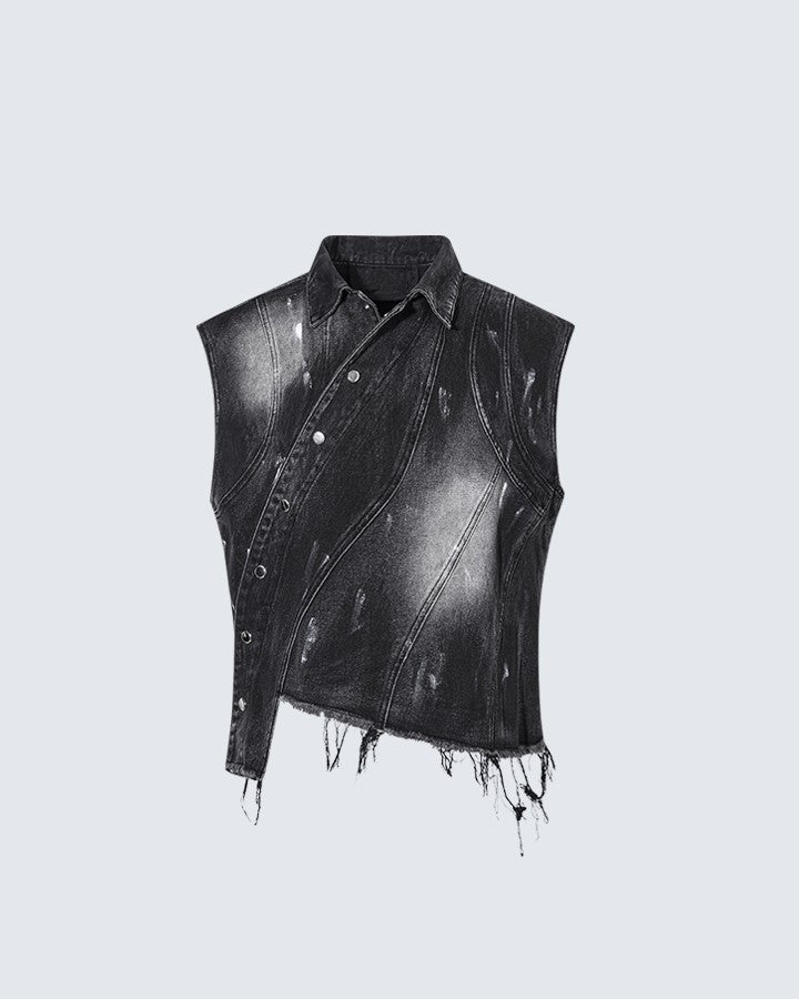 DISTRESSED WASHED DENIM VEST